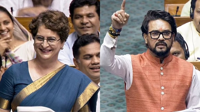 संसद में छिड़ा घमासान; प्रियंका गांधी के 'गोमूत्र एक्सपर्ट' वाले तंज पर भड़के अनुराग ठाकुर, बोले- 'मासूम चेहरा बनाकर कमियां छुपाती हैं'
