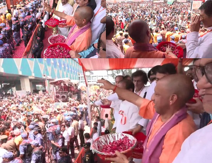 मुख्यमंत्री योगी ने मेरठ में शिवभक्तों पर की पुष्पवर्षा