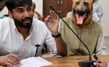 आवारा कुत्तों के आतंक पर खंडवा जनसुनवाई में अनोखा विरोध; कुत्ते की ड्रेस पहनकर पहुंचा युवक, ₹40 लाख के नसबंदी घोटाले का आरोप